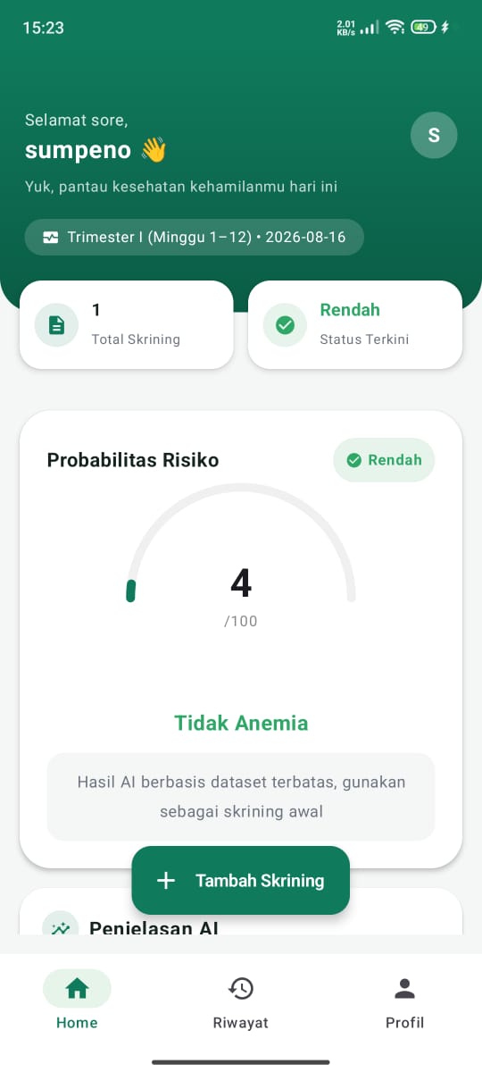 Tampilan Home MaternaHB menunjukkan probabilitas risiko anemia 4/100, kategori Rendah, Tidak Anemia