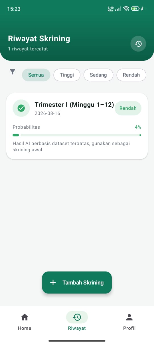 Layar Riwayat Skrining MaternaHB